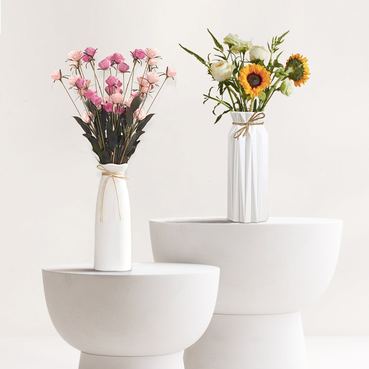 Weiße Keramikvase 2er-Set, Kleine Vase für Wohnzimmer, Abendessen Tisch