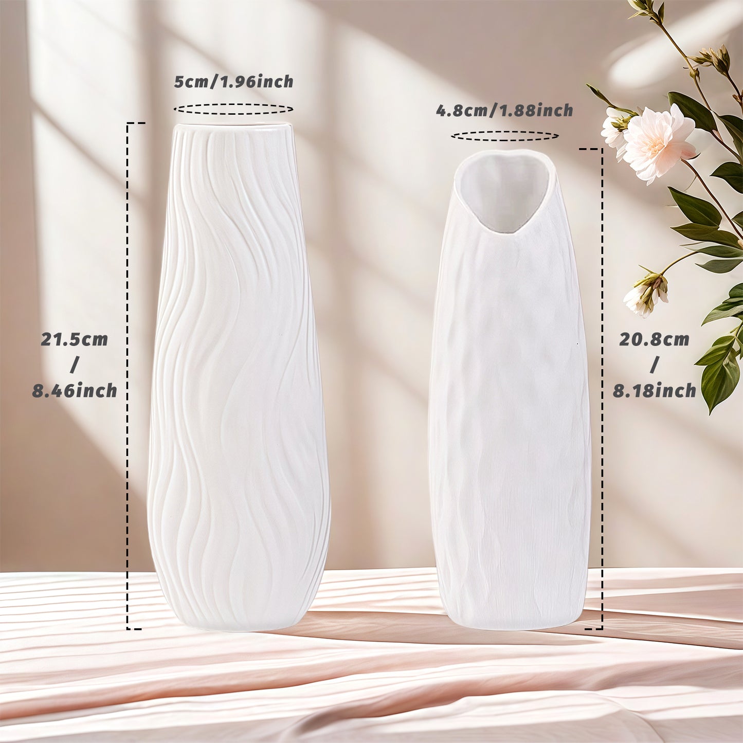 Weiße Keramikvase 2er-Set, Kleine Vase für Wohnzimmer, Abendessen Tisch