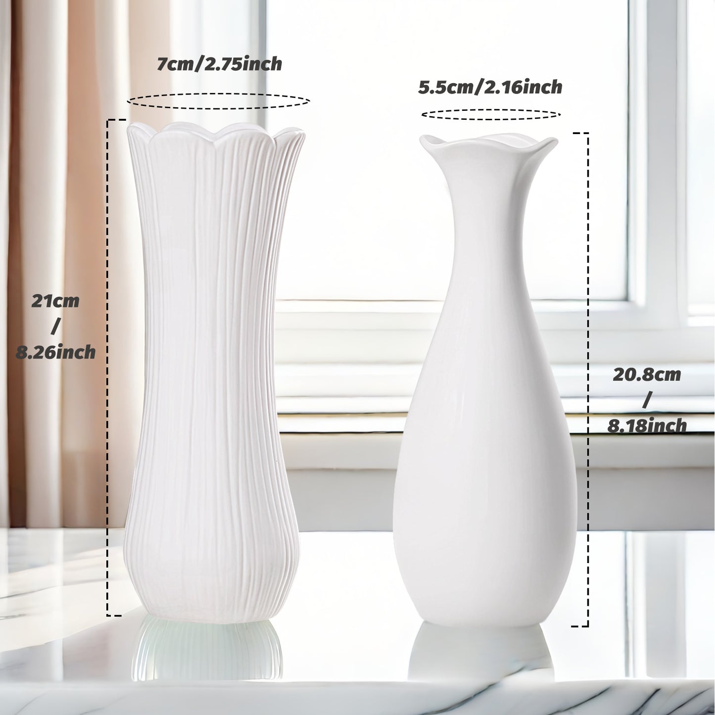 Weiße Keramikvase 2er-Set, Kleine Vase für Wohnzimmer, Abendessen Tisch