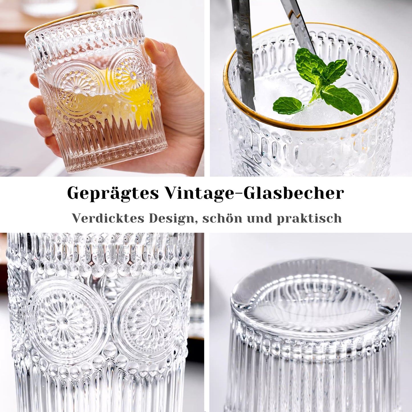 Wassergläser Gläser Trinkgläser, 6er Set, Sonnenblume metallkante - 300ml