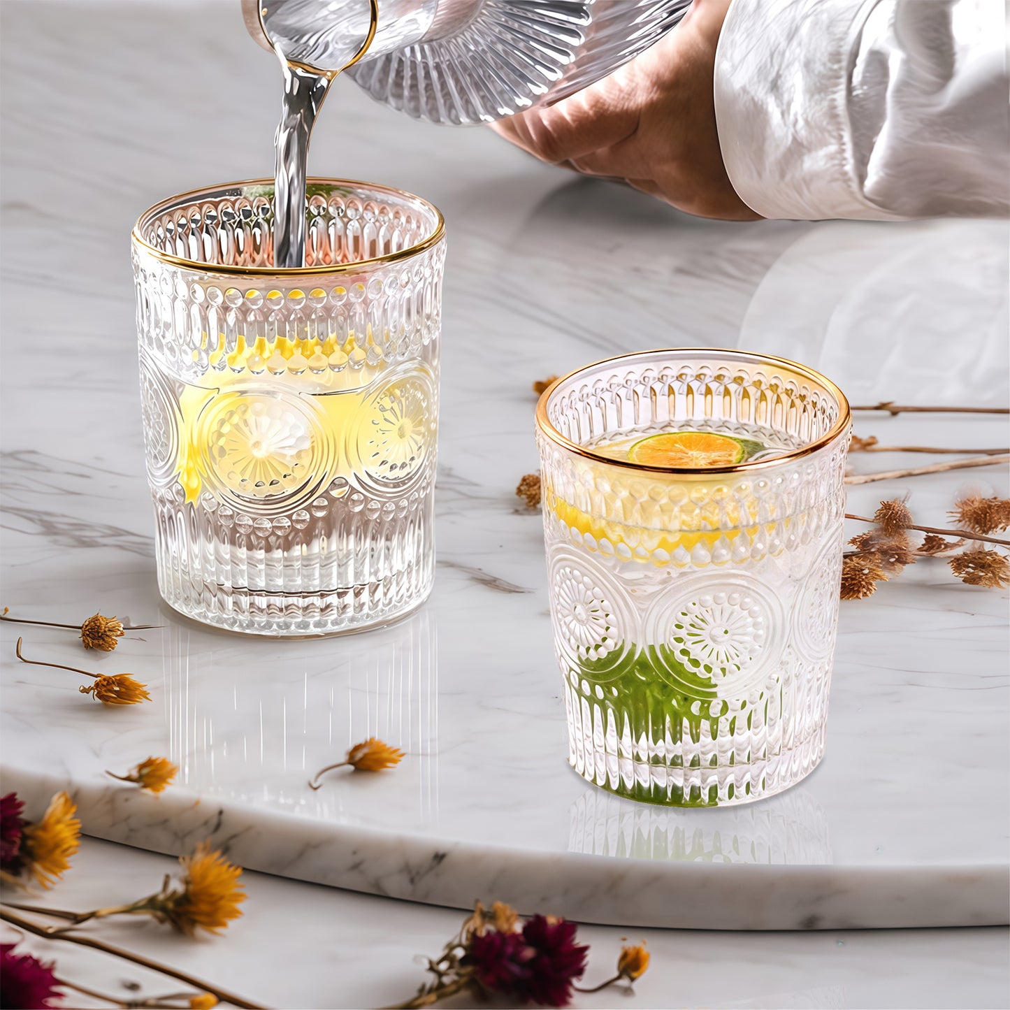 Wassergläser Gläser Trinkgläser, 6er Set, Sonnenblume metallkante - 300ml