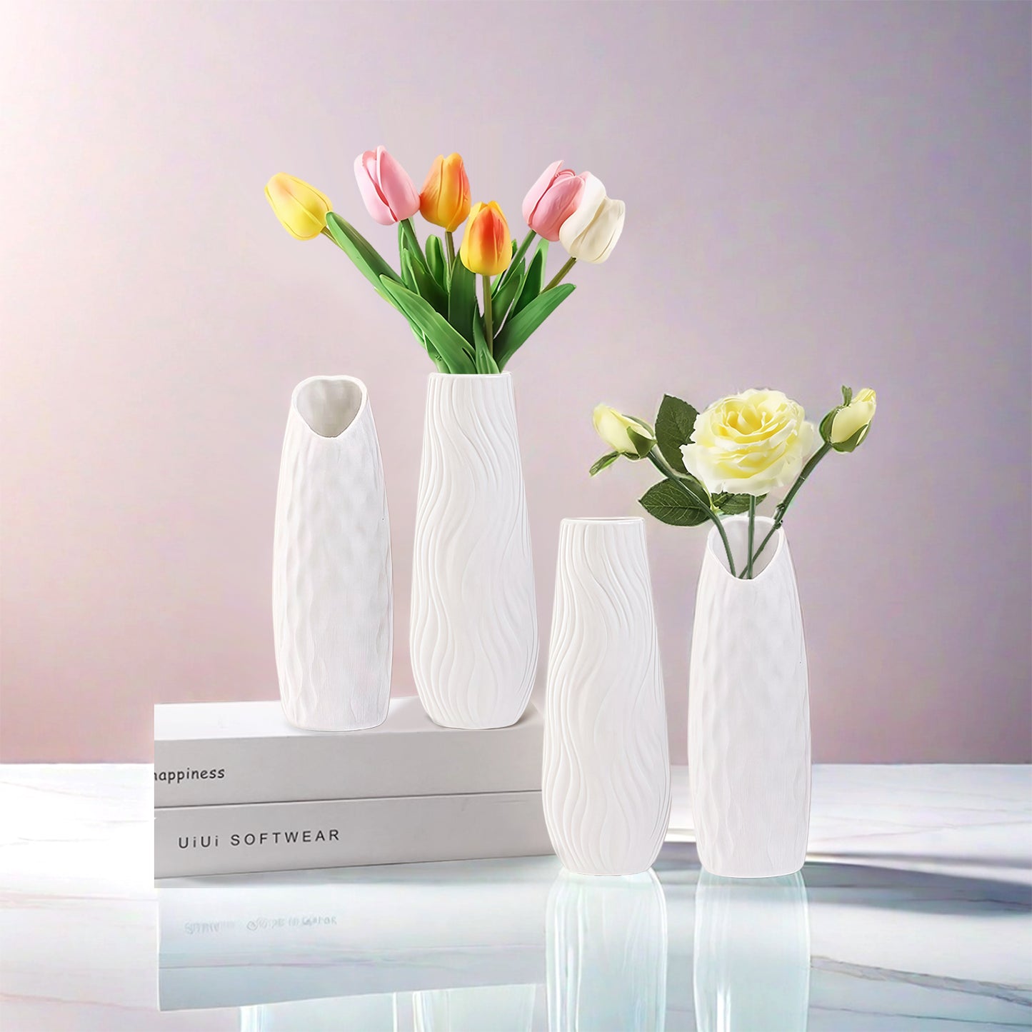 Weiße Keramikvase 2er-Set, Kleine Vase für Wohnzimmer, Abendessen Tisch