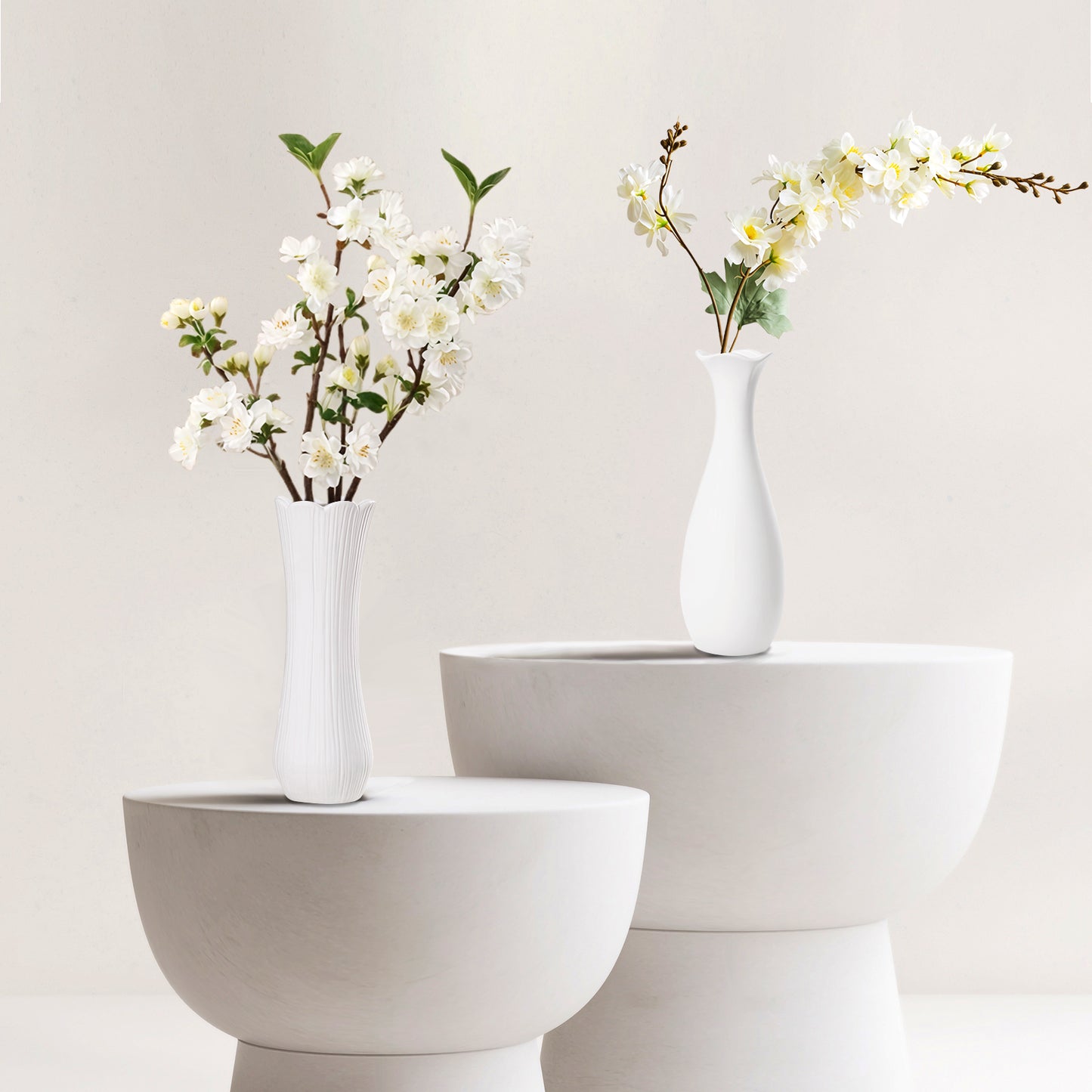 Weiße Keramikvase 2er-Set, Kleine Vase für Wohnzimmer, Abendessen Tisch