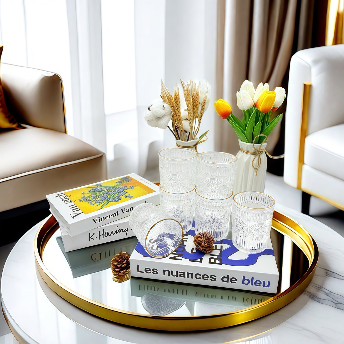 Wassergläser Gläser Trinkgläser, 6er Set, Sonnenblume metallkante - 300ml