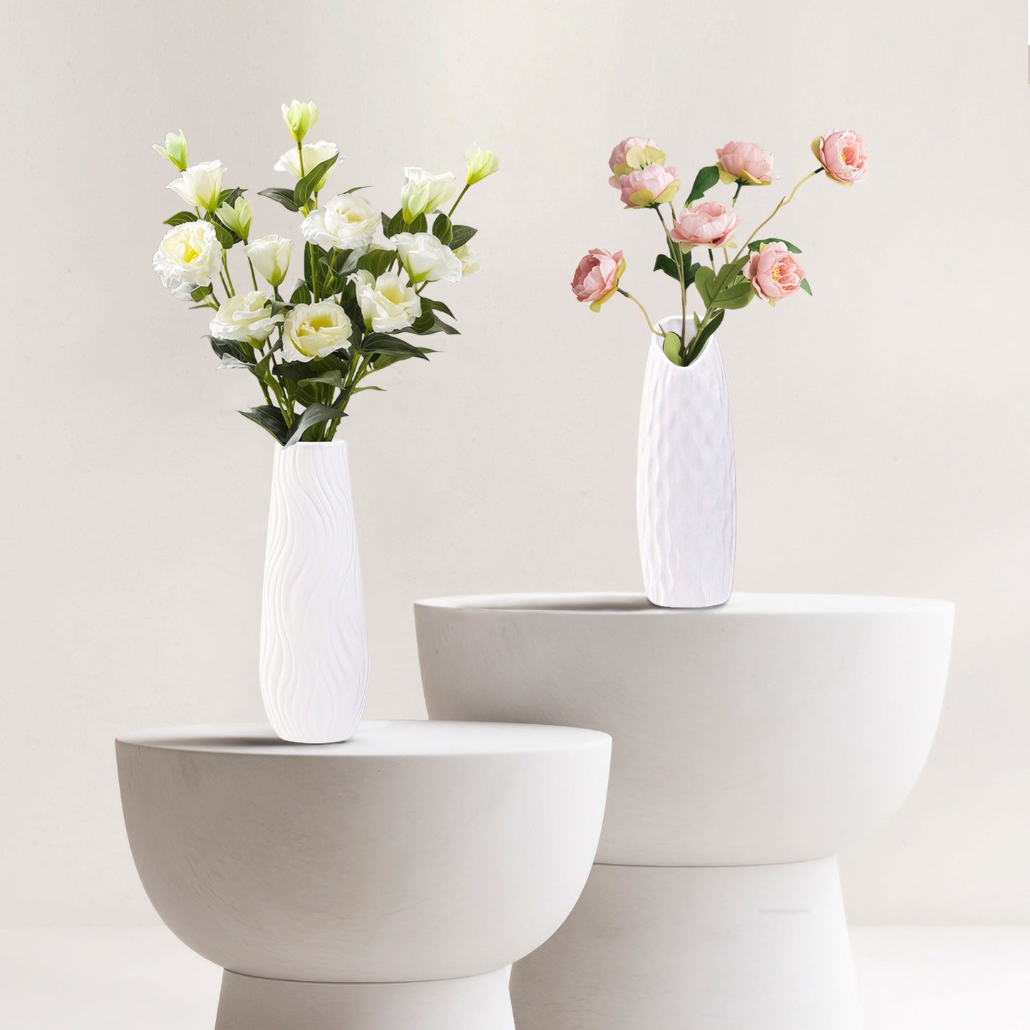 Weiße Keramikvase 2er-Set, Kleine Vase für Wohnzimmer, Abendessen Tisch